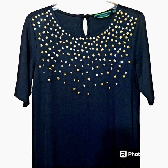 C Wonder Black Midi Dress Stars Rhinestones  Cosmic Glam Quiet Luxury Size 6 - Picture 3 of 7